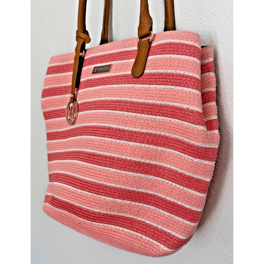 Amiani Pink Beach Bag Tote Zipper Closure Stripped Handbag Gold Shimmer - Picture 6 of 15